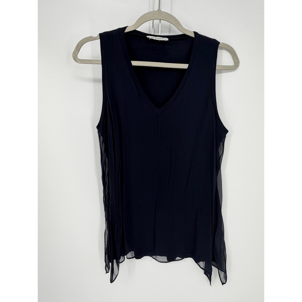 Lola & Sophie Tank Top Womens Small Navy Blue Silk Trim V-Neck Sheer Panel Chic